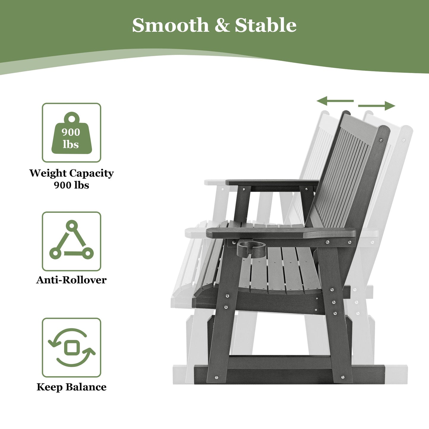 HIPS Patio Glider with Cup Holders, Durable Poly Lumber Material, All-Weather Resistant, High Backrest and Deep Contoured Seat, Heavy Duty 900 LB, for Outdoor, Porch, Patio (Gray, 3-Seat)