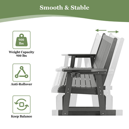 HIPS Patio Glider with Cup Holders, Durable Poly Lumber Material, All-Weather Resistant, High Backrest and Deep Contoured Seat, Heavy Duty 900 LB, for Outdoor, Porch, Patio (Gray, 3-Seat)