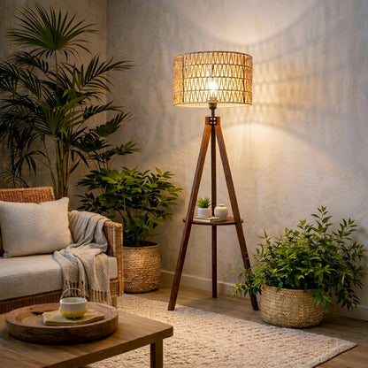 Fortune Candy 59'' Tall Boho Tripod Floor Lamp, Mid-Century Modern Wood Standing Lamp with Rattan and Fabric Shades for Home, 1 Pallet - Foot Switch