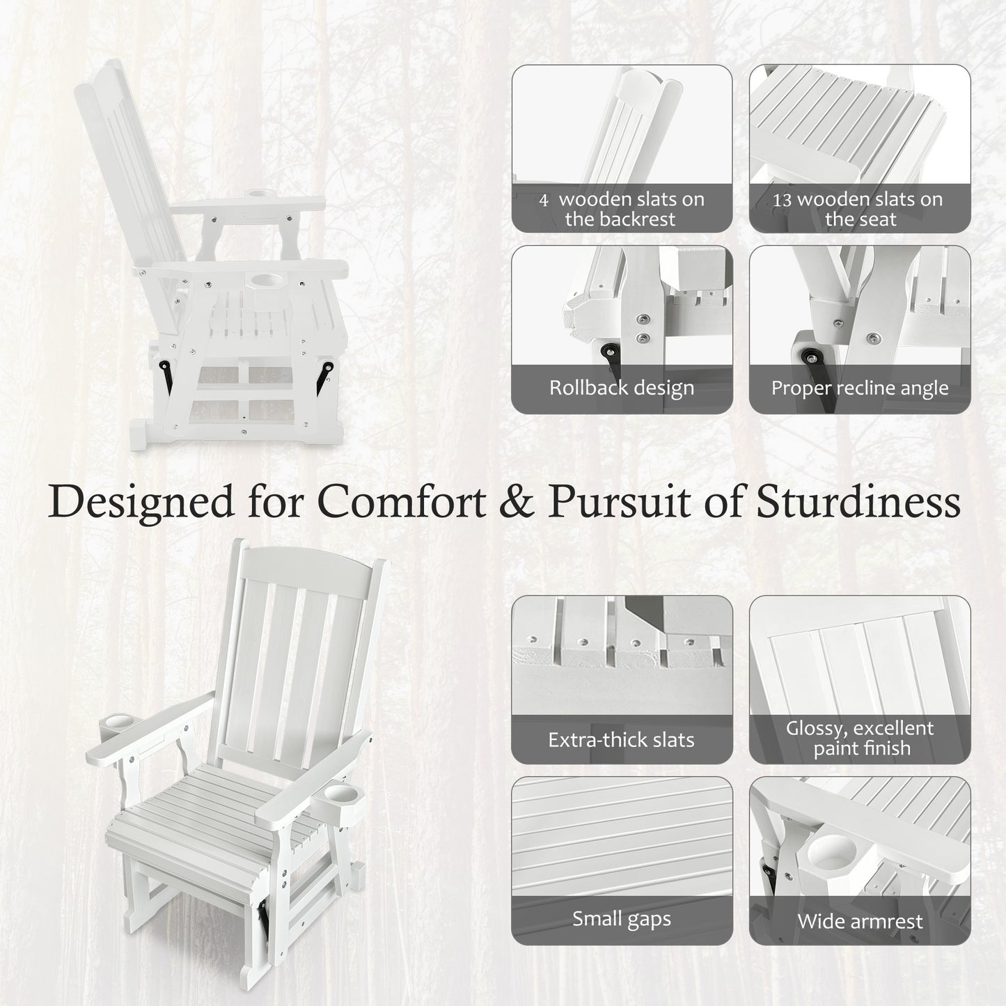 Fortune Candy 1-Person Outdoor Wooden Glider Chair, Solid Fir Wood, Heavy-Duty 600 lb, White, for Patio & Porch
