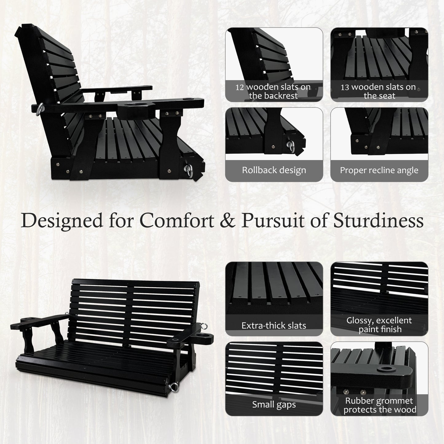 Fortune Candy 4 ft. Wooden Porch Swing 2-Seater for Outdoor Patio Garden Yard (Black)