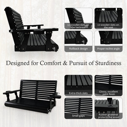 Fortune Candy 4 ft. Wooden Porch Swing 2-Seater for Outdoor Patio Garden Yard (Black)