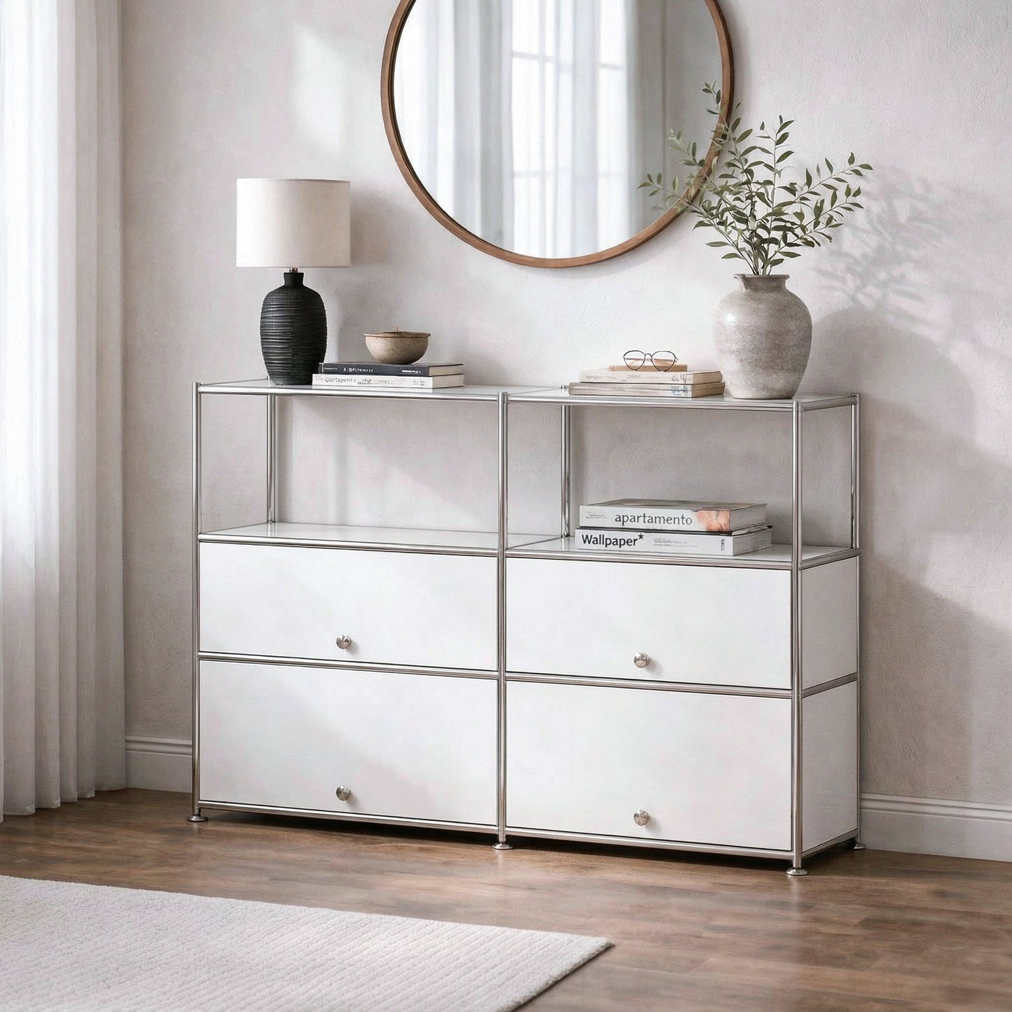 Fortune Candy 4-Door Modular Metal Sideboard with Open Shelf, Modern Twin-Row Grid Cabinet for Dining or Living Room, Office, White