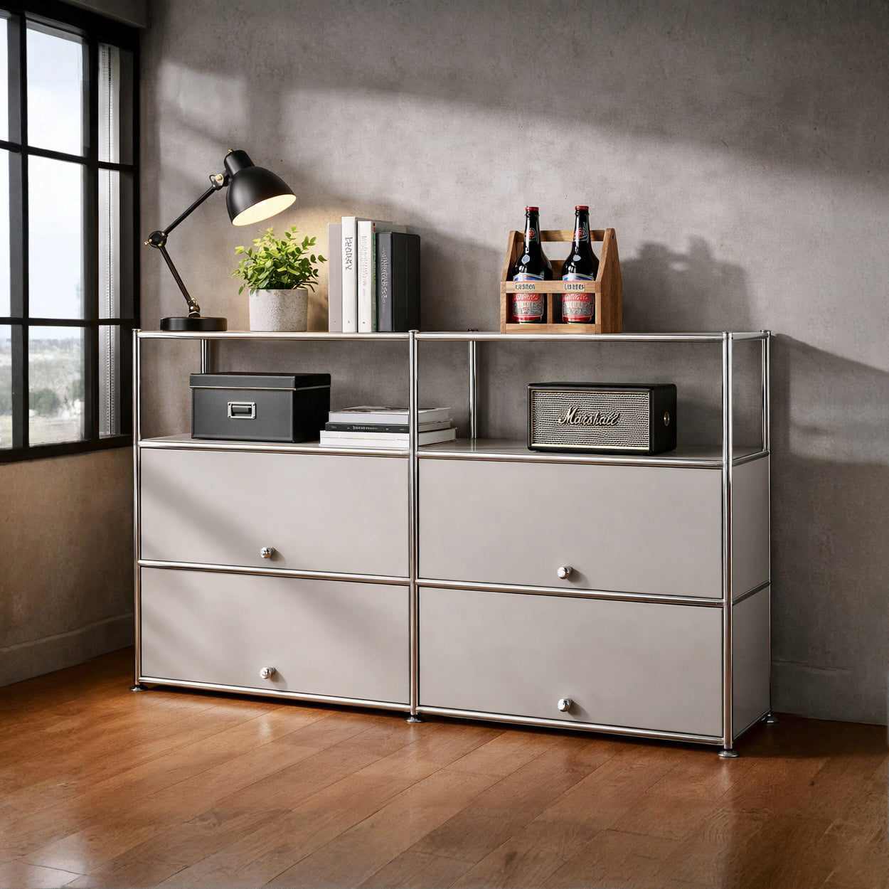 Fortune Candy 4-Door Modular Metal Sideboard with Open Shelf, Modern Twin-Row Grid Cabinet for Dining or Living Room, Office, Light Gray