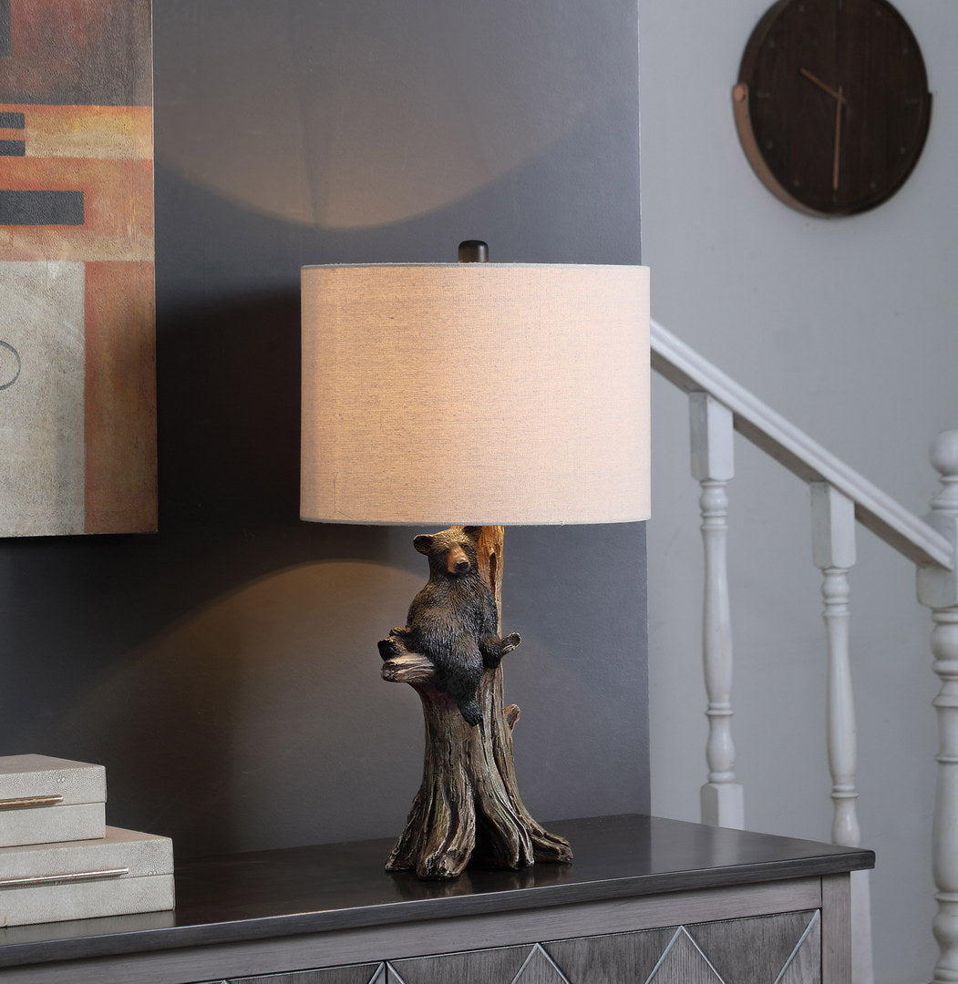Fortune Candy 24.75" Rustic Black Bear Table Lamp, Polyresin Tree Trunk Base with Fabric Drum Shade for Home Decor