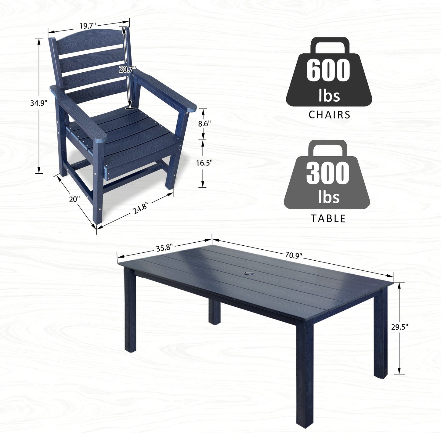 Poly Lumber Patio Dining Set, HIPS Outdoor 70.9-Inches Dining Table and Ladder Back Chairs, with Umbrella Hole, Weather Resistant (Navy Blue, 7 Piece)