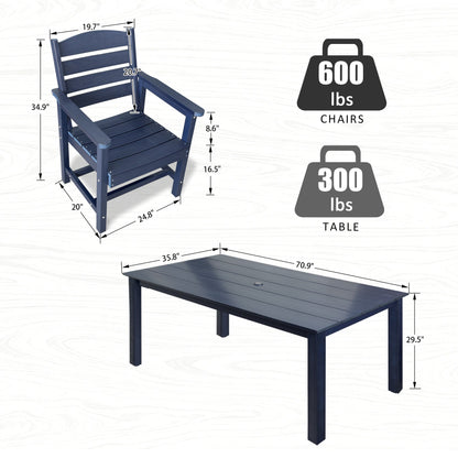 Poly Lumber Patio Dining Set, HIPS Outdoor 70.9-Inches Dining Table and Ladder Back Chairs, with Umbrella Hole, Weather Resistant (Navy Blue, 7 Piece)