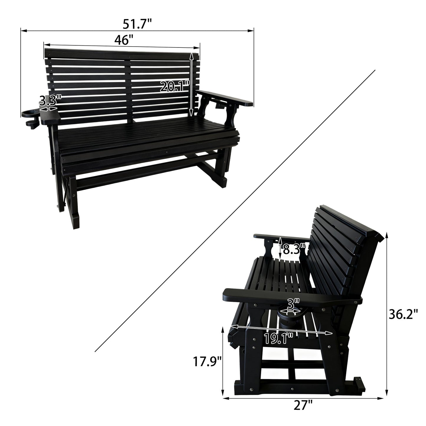 HDPE Patio Glider, Poly Lumber Weather-Resistant Outdoor Glider Bench, for Patio, Porch, Yard, Black