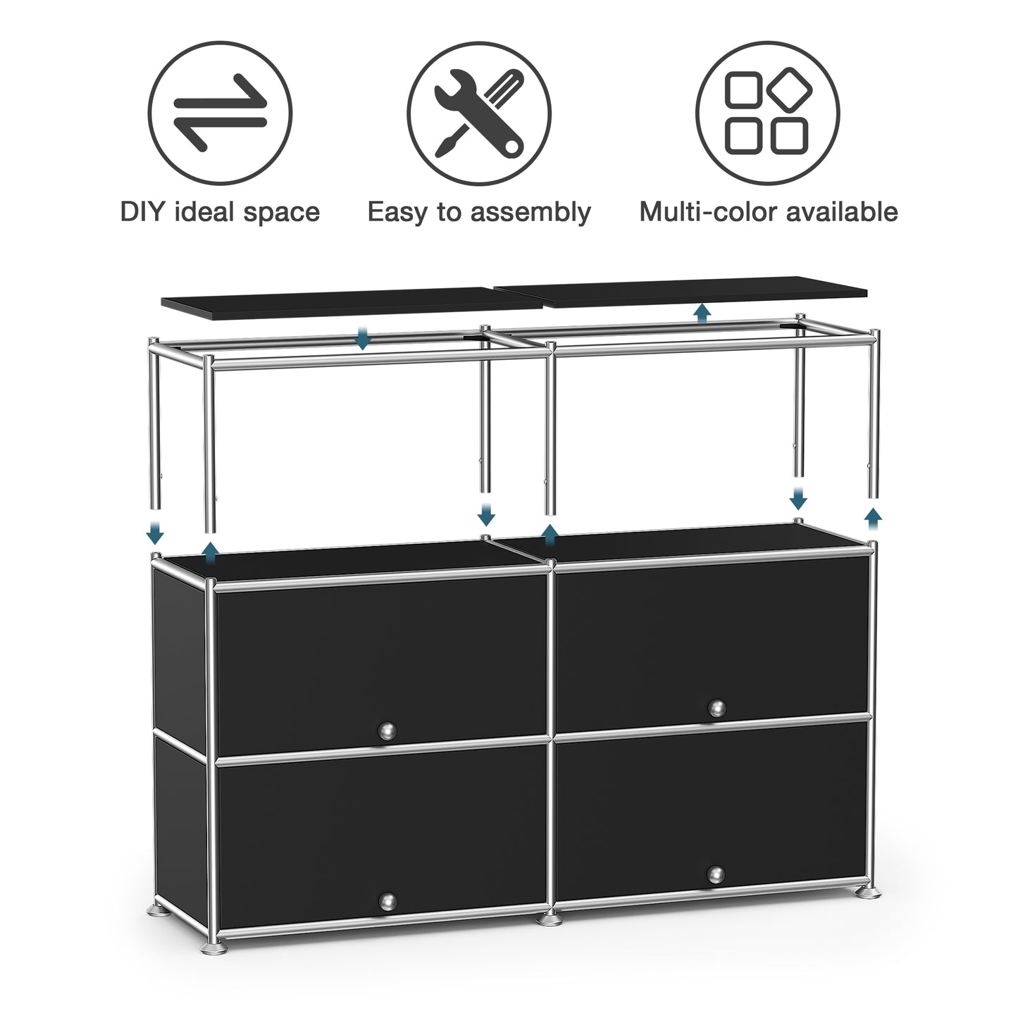 Fortune Candy 4-Door Modular Metal Sideboard with Open Shelf, Modern Twin-Row Grid Cabinet for Dining or Living Room, Office, Black