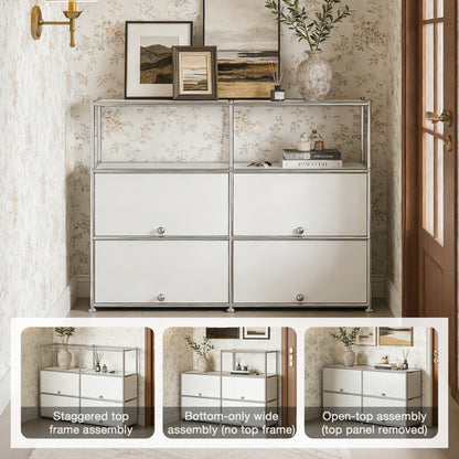 Fortune Candy 4-Door Modular Metal Sideboard with Open Shelf, Modern Twin-Row Grid Cabinet for Dining or Living Room, Office, White