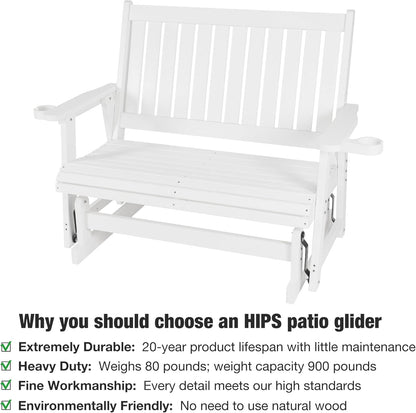 Fortune Candy Poly Lumber Patio Glider  2 Seater with Ergonomic Deep Seat, High Backrest, Cup Holders, for Outdoor Garden, Yard, or Deck