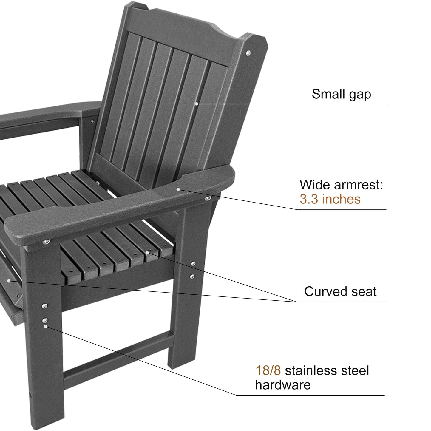 HDPE Patio Dining Chair, Outdoor Chair with 18/8 Stainless Steel Hardware, Heavy Duty 600 LBS, for Outdoor Patio Garden Yard (Gray)