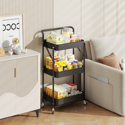 Fortune Candy Foldable 3-Tier Rolling Utility Cart, No-Assembly Multipurpose Storage Organizer with Handle for Home or Office, Black