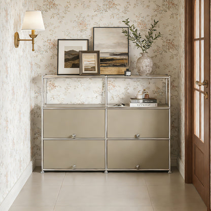 Fortune Candy 4-Door Modular Metal Sideboard with Open Shelf, Modern Twin-Row Grid Cabinet for Dining or Living Room, Office, Light Gray