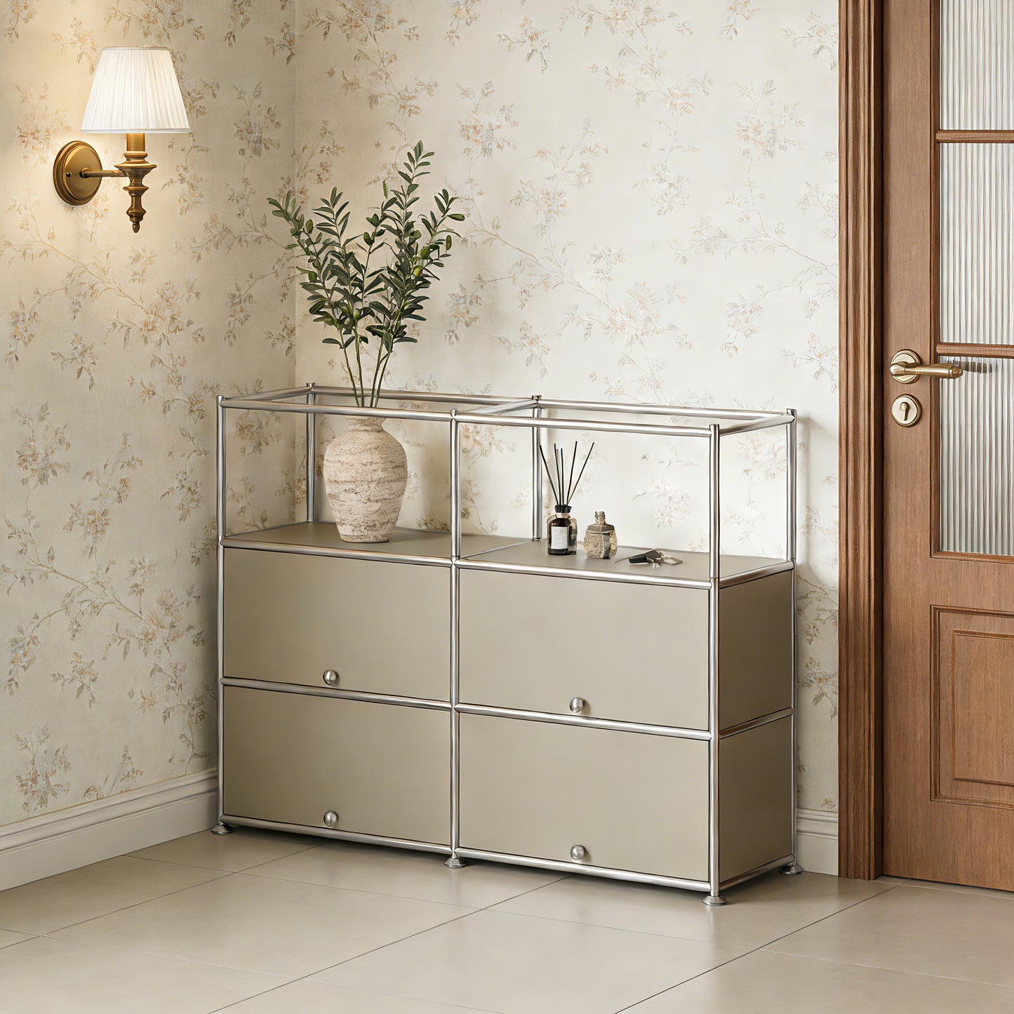Fortune Candy 4-Door Modular Metal Sideboard with Open Shelf, Modern Twin-Row Grid Cabinet for Dining or Living Room, Office, Light Gray
