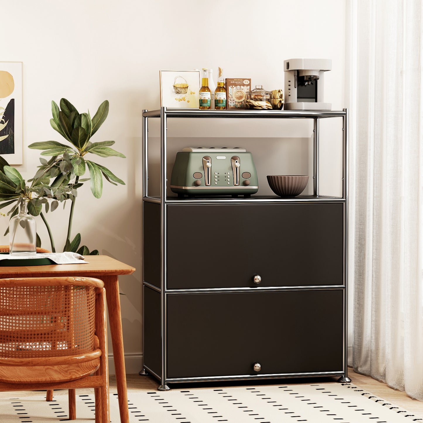 Fortune Candy 3 Tier Modular Metal Storage Cabinet, Modern Grid-Style Organizer for Dining Room, Living Room or Office, Black