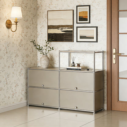 Fortune Candy 4-Door Modular Metal Sideboard with Open Shelf, Modern Twin-Row Grid Cabinet for Dining or Living Room, Office, Light Gray