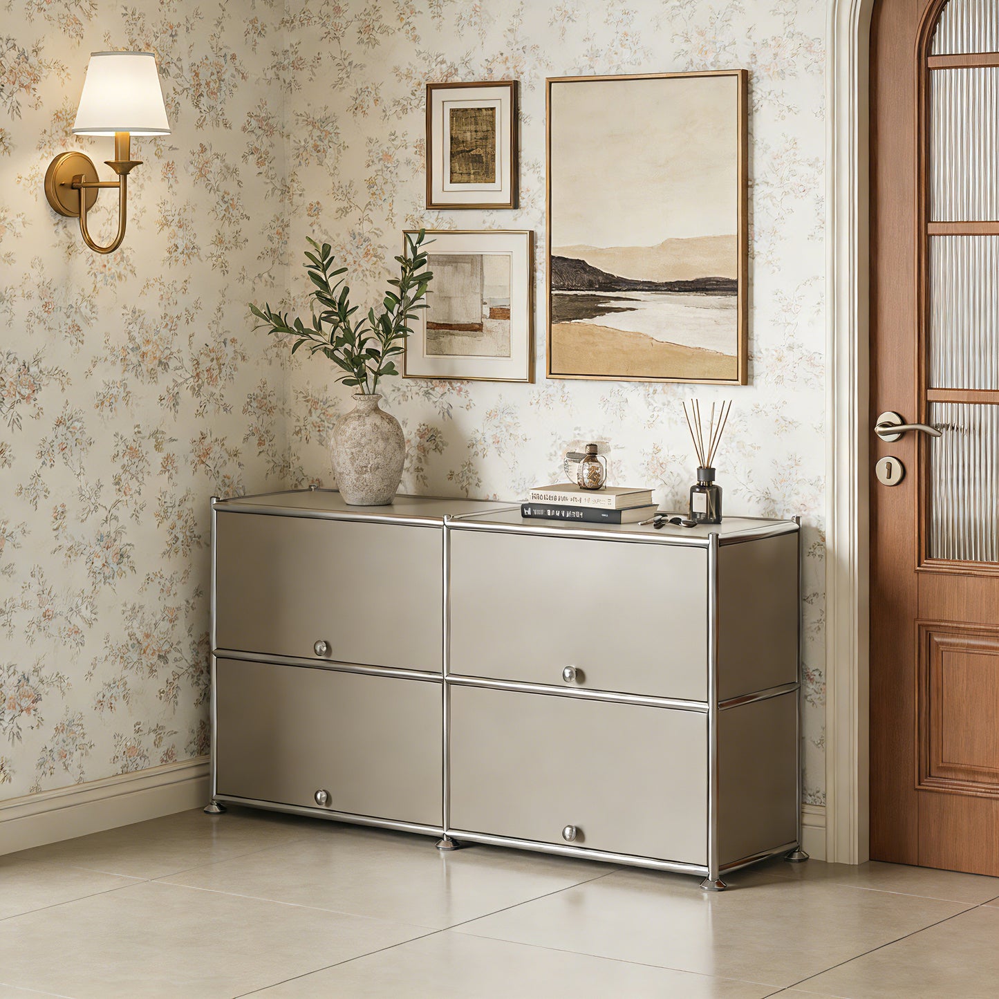 Fortune Candy 4-Door Modular Metal Sideboard with Open Shelf, Modern Twin-Row Grid Cabinet for Dining or Living Room, Office, Light Gray