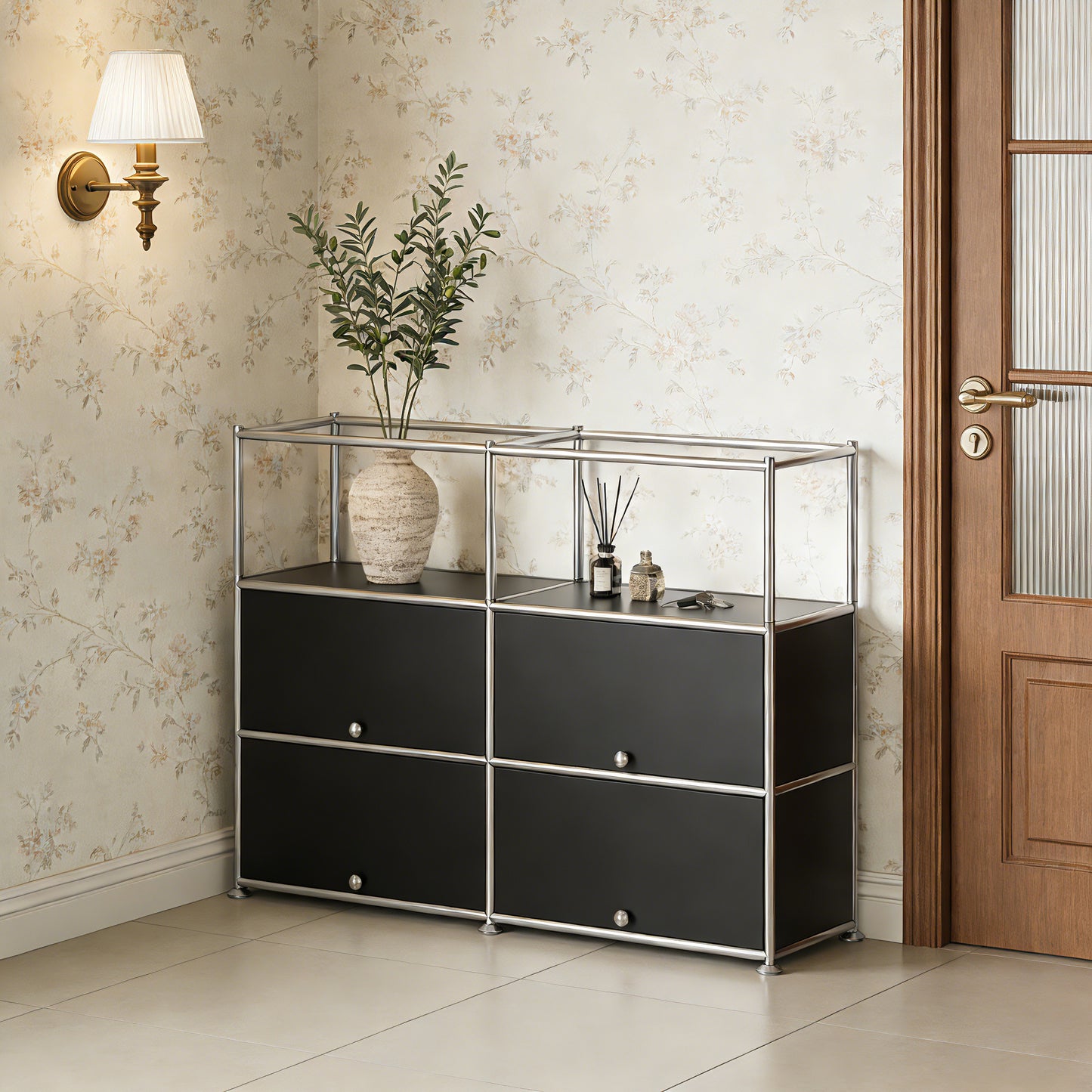 Fortune Candy 4-Door Modular Metal Sideboard with Open Shelf, Modern Twin-Row Grid Cabinet for Dining or Living Room, Office, Black