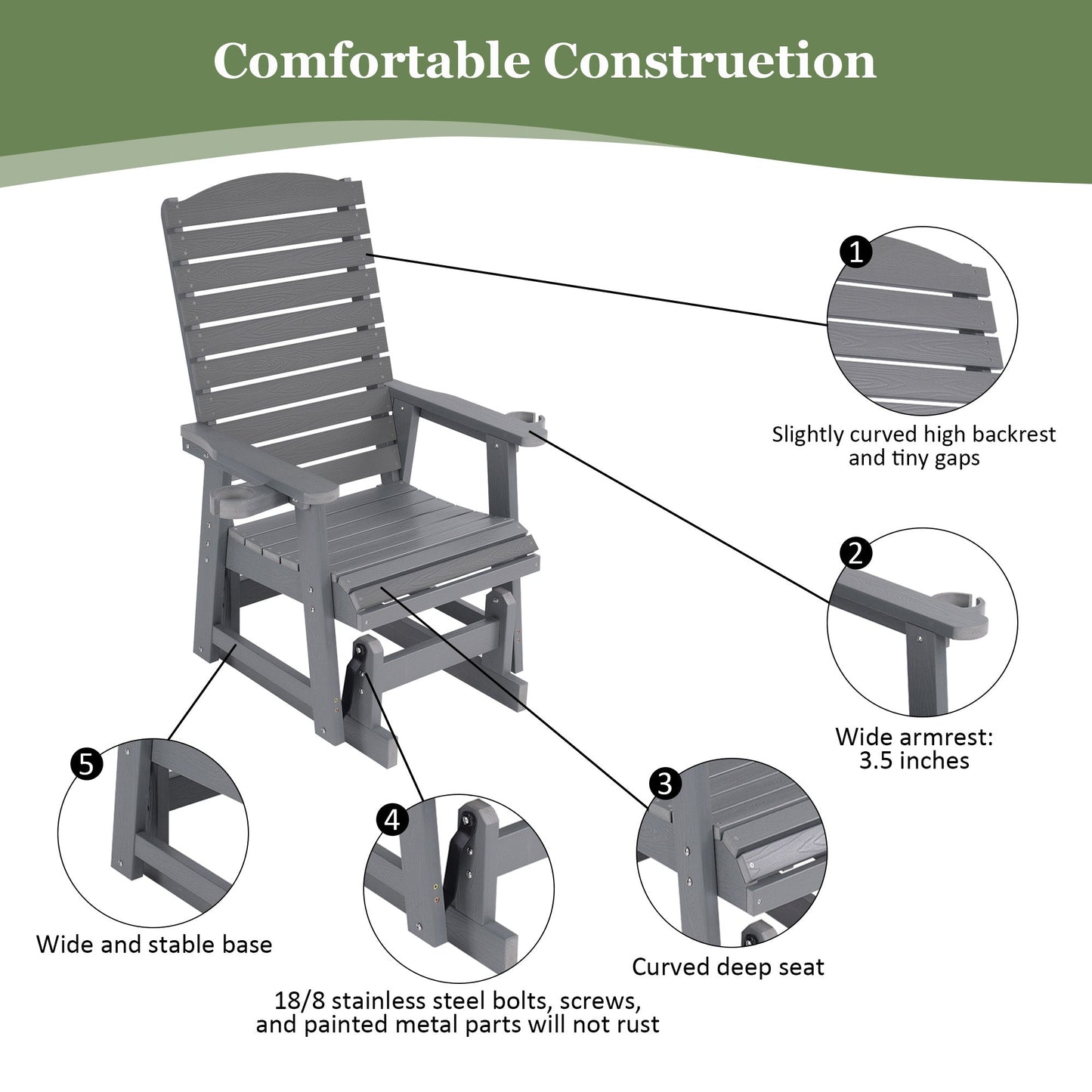 Poly Lumber Patio Glider for One Person, with Cup Holders, High Backrest and Deep Contoured Seat, HIPS Material, All-Weather Resistant, Heavy Duty 700 Pounds (Classic Gray)