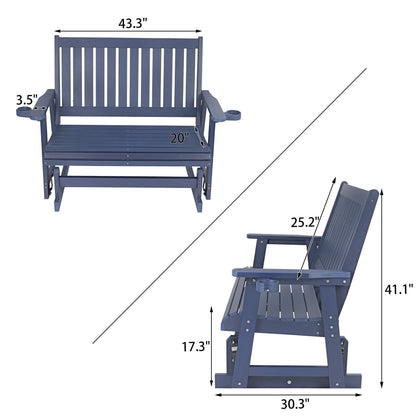 Fortune Candy Poly Lumber Patio Glider 2 Seater, High Backrest, Cup Holders, for Outdoor Garden, Yard, or Deck (Navy Blue)