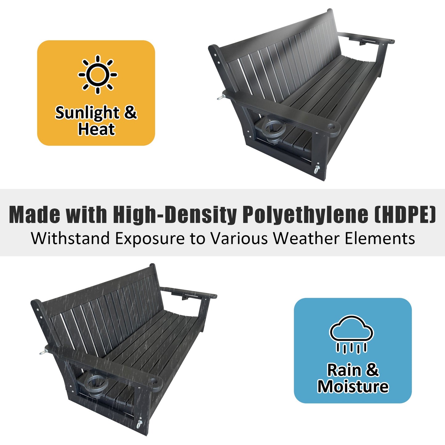 HDPE 3-Seater Porch Swing, 5-Feet Bench Swing with Foldable Cup Holders,18/8 Stainless Steel Hardware, High Backrest and Deep Contoured Seat (Black, 5-feet)