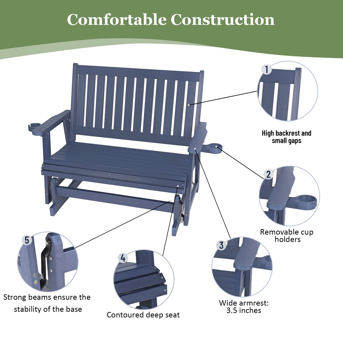 Fortune Candy Poly Lumber Patio Glider 2 Seater, High Backrest, Cup Holders, for Outdoor Garden, Yard, or Deck (Navy Blue)
