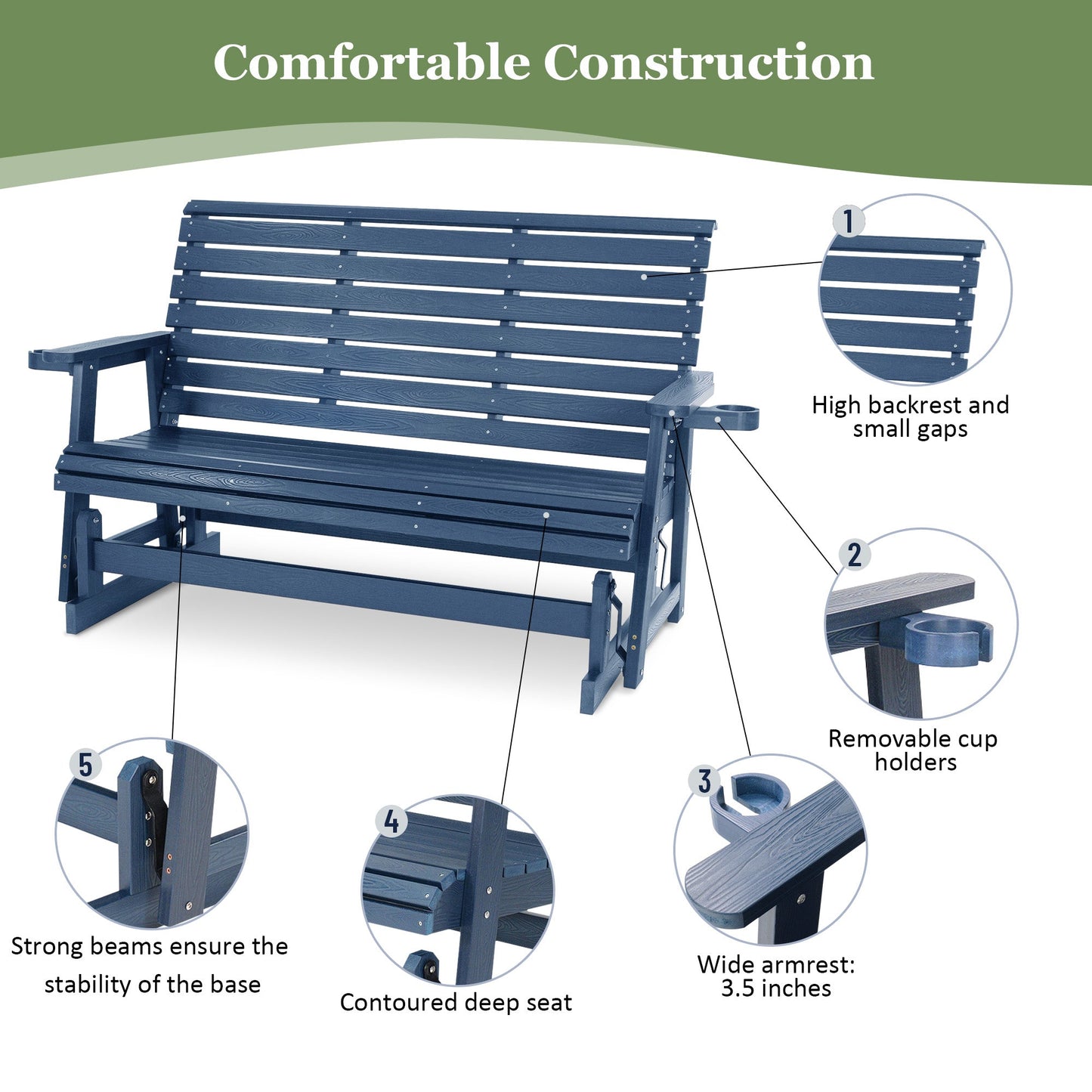 HIPS Patio Glider with Cup Holders, Durable Poly Lumber Material, All-Weather Resistant, High Backrest and Deep Contoured Seat, Ladder Back, Heavy Duty 900 LB, for Outdoor, Patio (Navy Blue, 3-Seat)