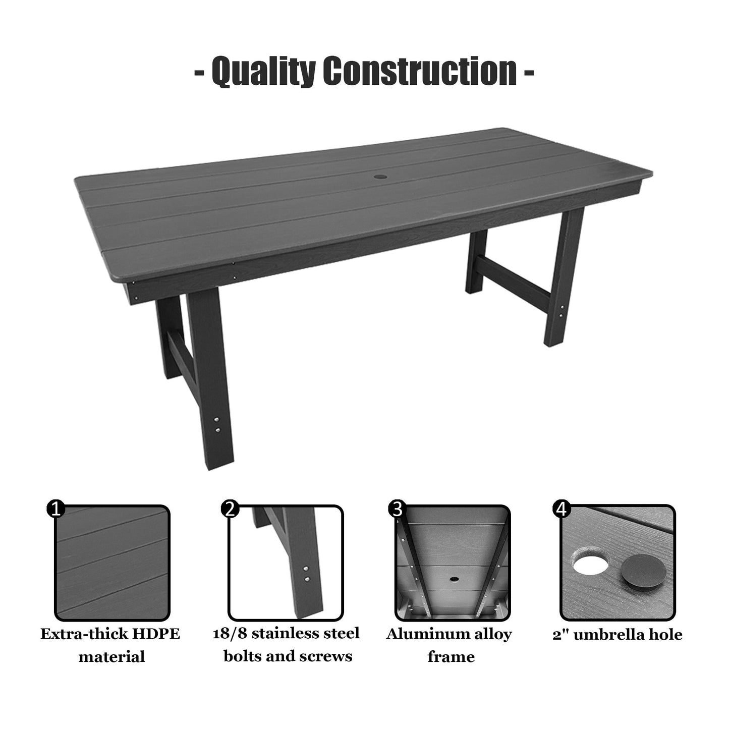 Modern HDPE Patio Dining Set, Poly Lumber Table and Chair, with Umbrella Hole, Weather Resistant, for Outdoor, Yard, Lawn (5 Piece - 70.7'' Table)