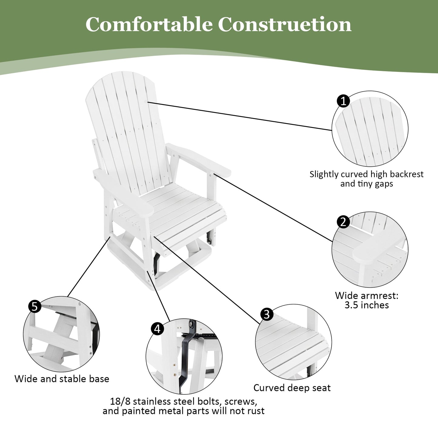 HIPS Swivel Patio Glider, Poly Lumber Weather Resistant Outdoor Chair, for Patio, Porch, Yard (White)
