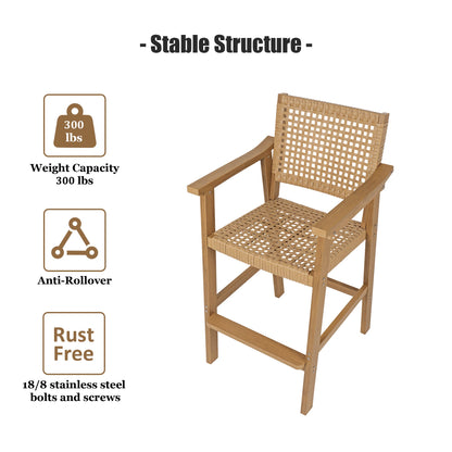 Poly Lumber Patio Bar Stools, PE Rattan Outdoor Bar Chairs, Weather Resistant, for Poolside, Garden, Yard, Balcony (Teak Tone, 2 Piece)