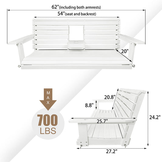 Poly Lumber 3-Seat Porch Swing, HIPS 5-Feet Bench Swing with Foldable Cup Holders,18/8 Stainless Steel Hardware, High Backrest and Deep Contoured Seat, Snow White