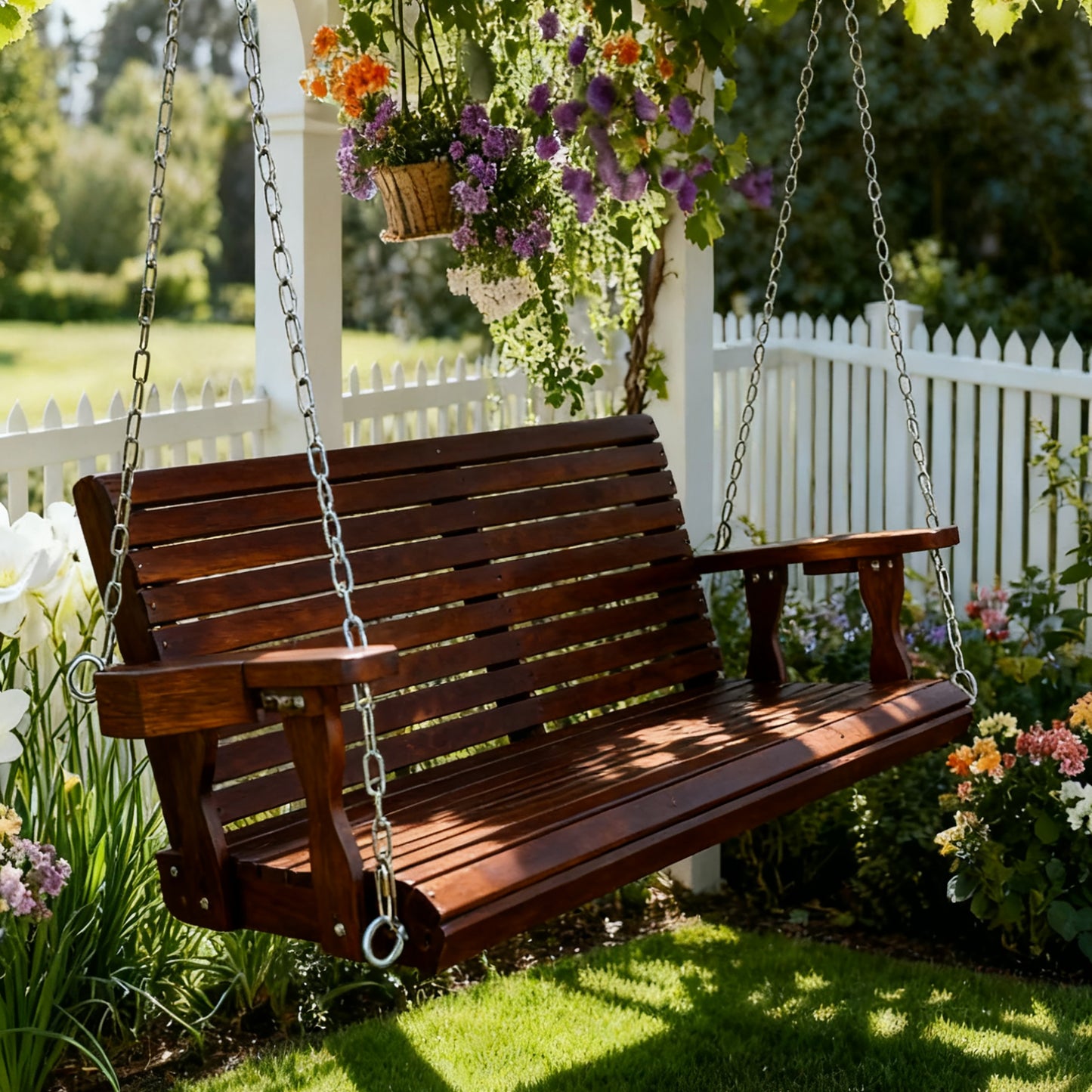 Fortune Candy 4.5 ft. Wooden Porch Swing 2-Seater for Outdoor Patio Garden Yard (Chocolate Tone)