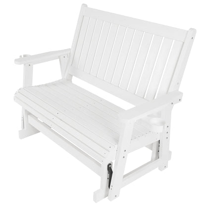 HIPS Patio Glider with Cup Holders, Durable Poly Lumber Material, All-Weather Resistant, High Backrest and Deep Contoured Seat, Heavy Duty 900 LB, for Outdoor, Porch, Patio (White, 2-Seat)