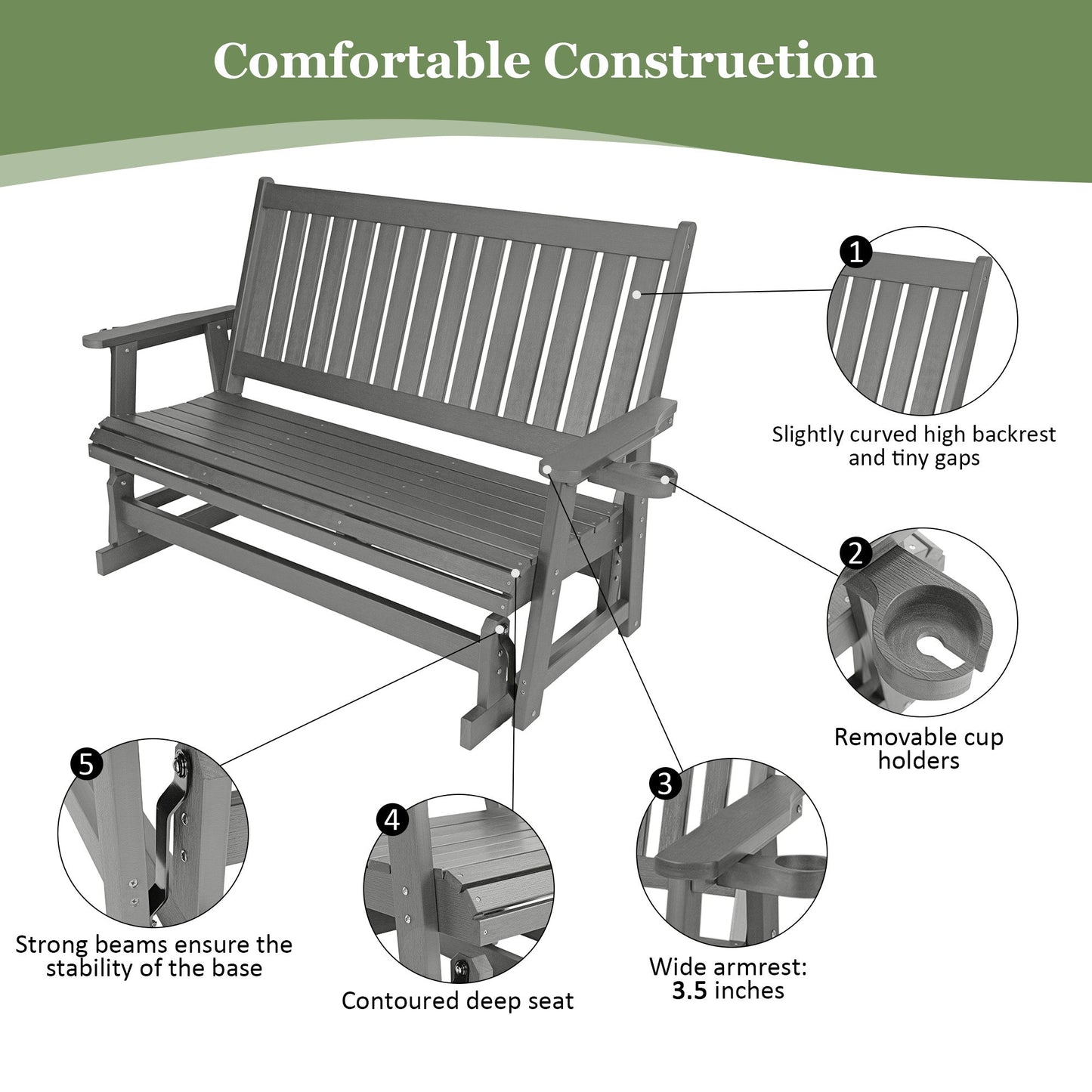 HIPS Patio Glider with Cup Holders, Durable Poly Lumber Material, All-Weather Resistant, High Backrest and Deep Contoured Seat, Heavy Duty 900 LB, for Outdoor, Porch, Patio (Gray, 3-Seat)