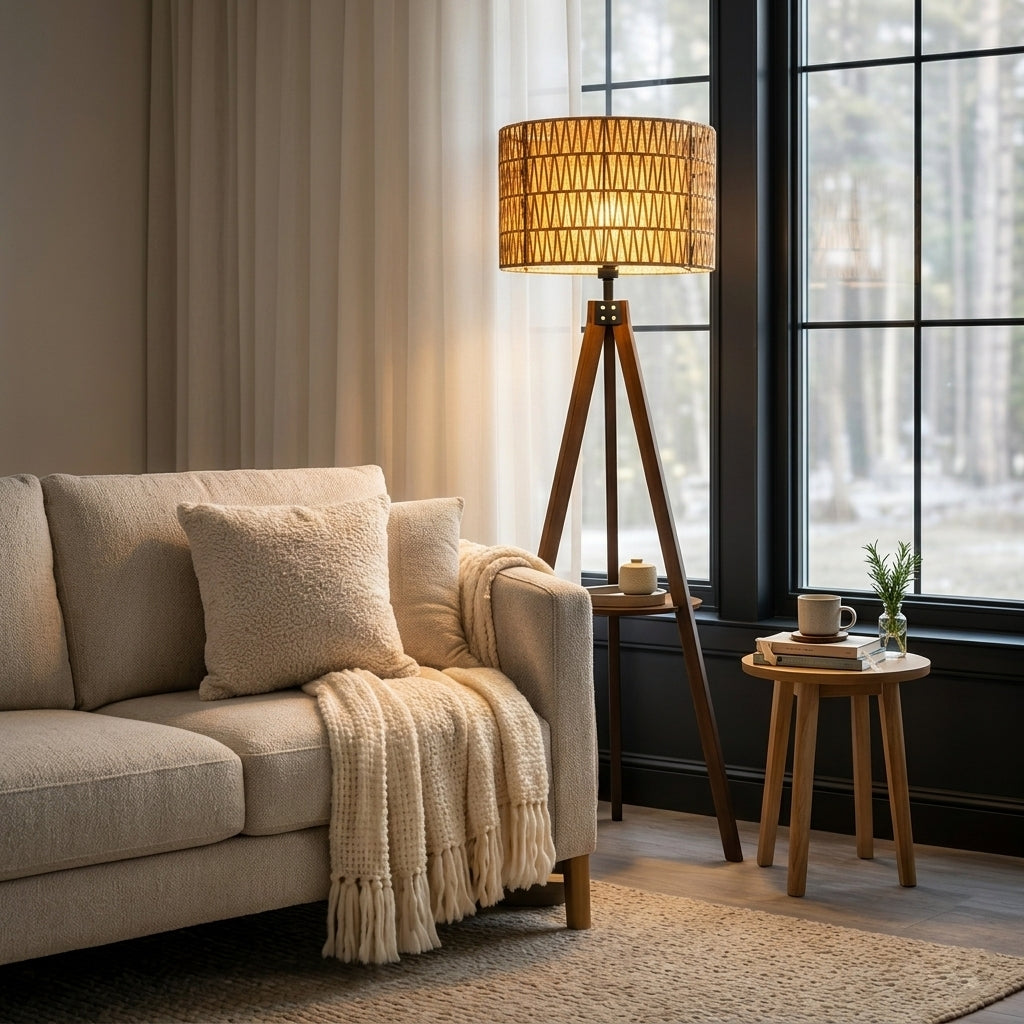Fortune Candy 59'' Tall Boho Tripod Floor Lamp, Mid-Century Modern Wood Standing Lamp with Rattan and Fabric Shades for Home, 1 Pallet - Foot Switch
