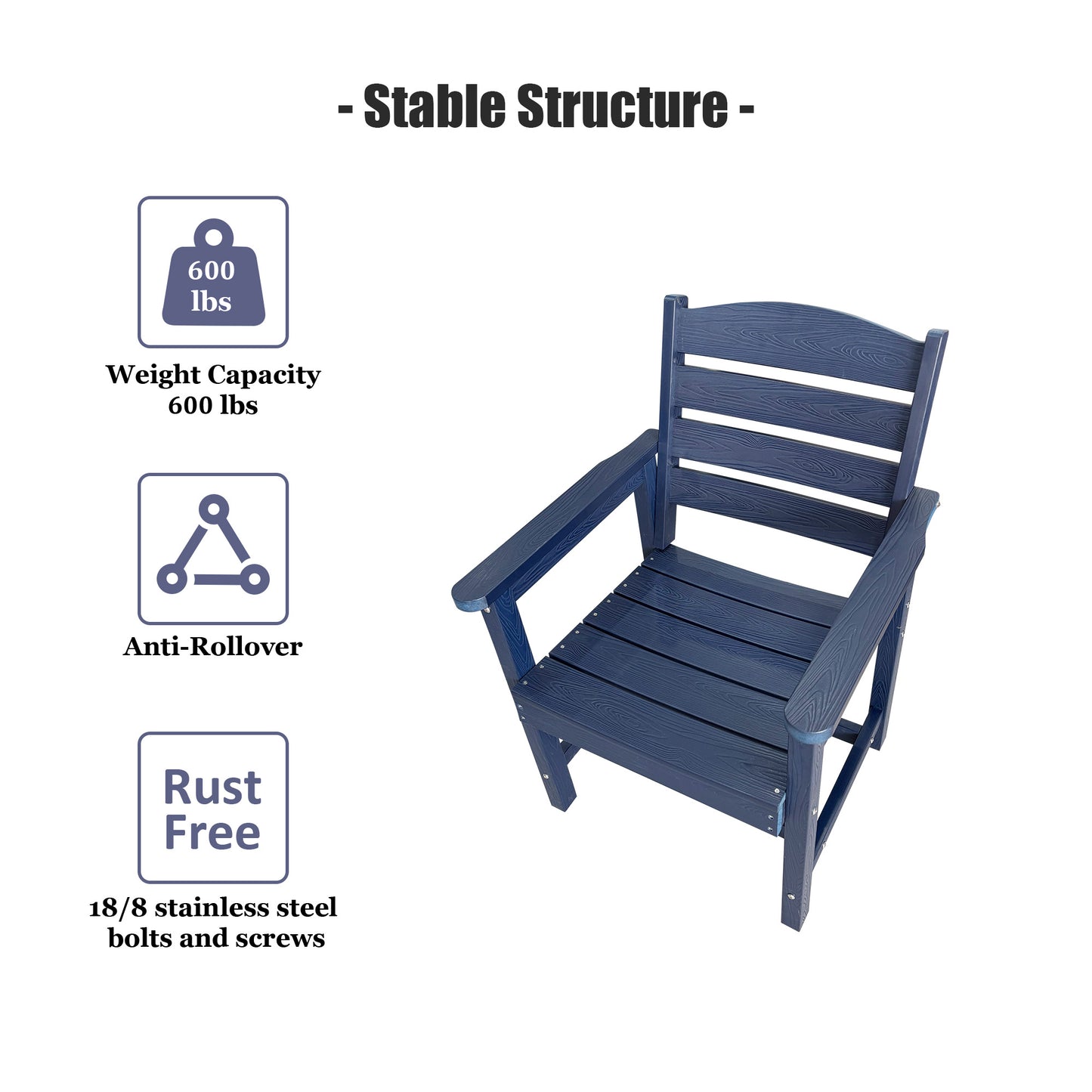 Fortune Candy 2 PCS Poly Lumber Patio Dining Chairs, HIPS Outdoor Ladder-Back Chairs for Garden, Porch or Balcony, Navy Blue