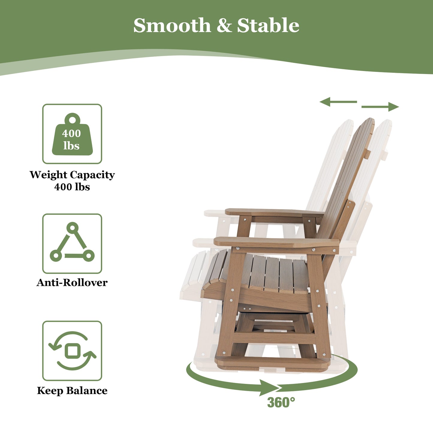 Fortune Candy 1-Person Outdoor Swivel Glider Chair with 360° Rotation, All-Weather HIPS Chair for Porch or Balcony, Teak Tone