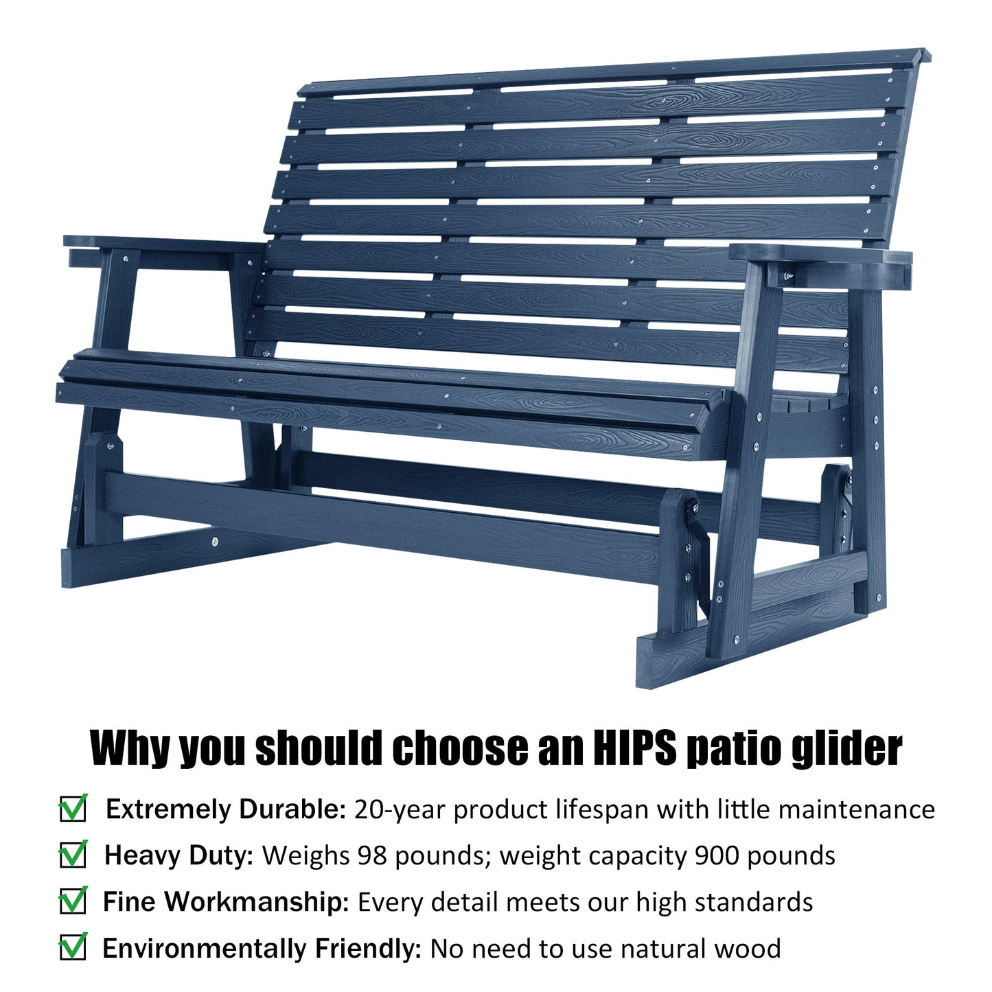 HIPS Patio Glider with Cup Holders, Durable Poly Lumber Material, All-Weather Resistant, High Backrest and Deep Contoured Seat, Ladder Back, Heavy Duty 900 LB, for Outdoor, Patio (Navy Blue, 3-Seat)