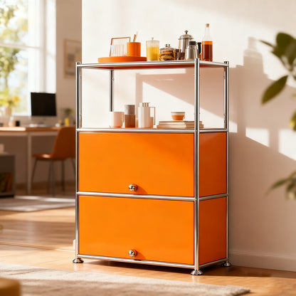 Fortune Candy 3 Tier Modular Metal Storage Cabinet, Modern Grid-Style Organizer for Dining Room, Living Room or Office, Orange