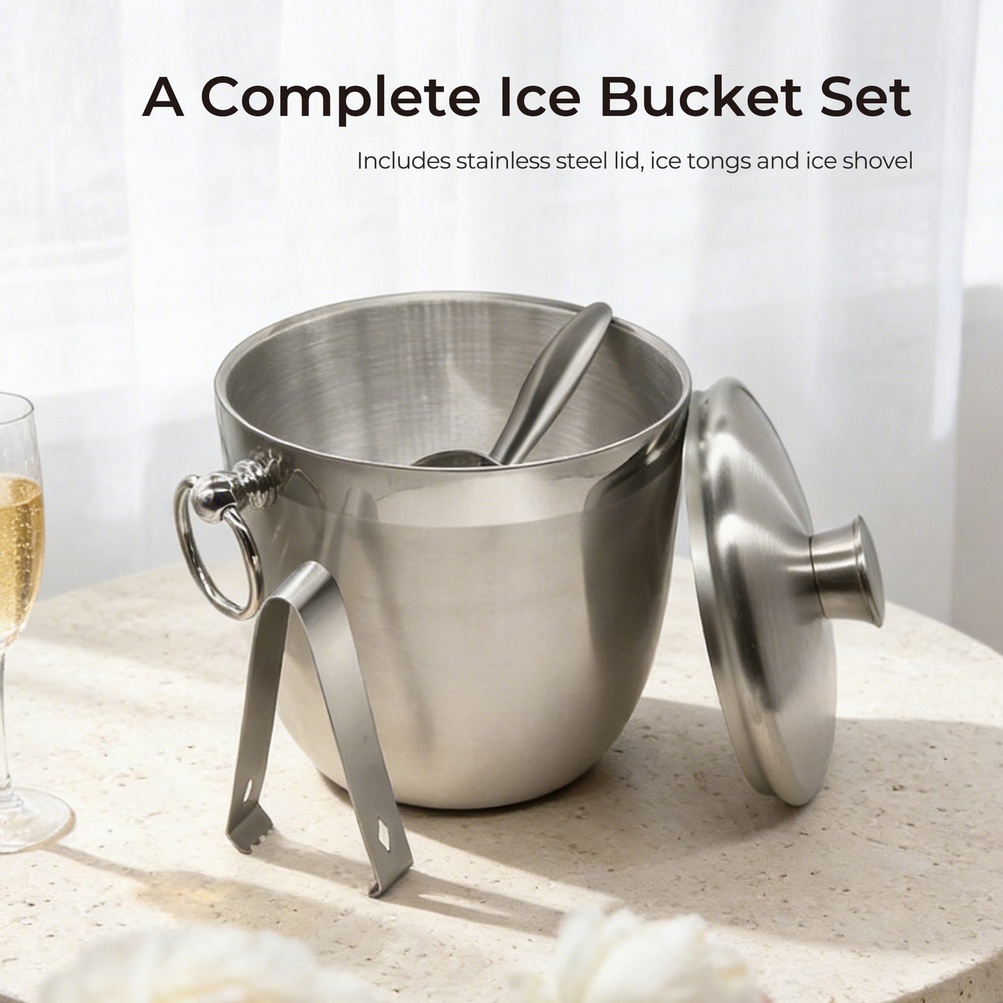 Fortune Candy 2.8 L Double Wall Stainless Steel Ice Bucket, with Tongs, Scoop and Holder, Navy Blue