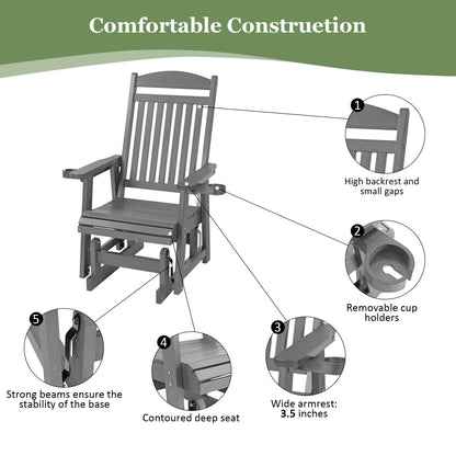 Poly Lumber Patio Glider for One Person, with Cup Holders, High Backrest and Deep Contoured Seat, HIPS Material, All-Weather Resistant, Heavy Duty 700 LBS  (Gray)