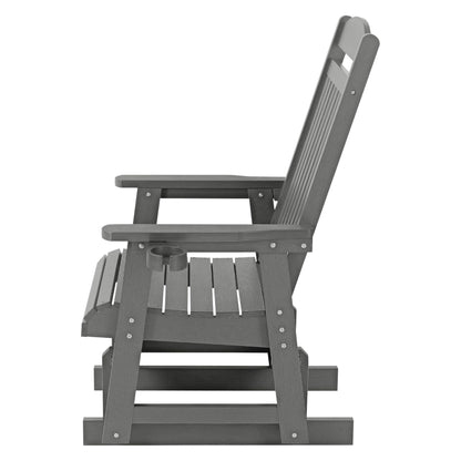 Poly Lumber Patio Glider for One Person, with Cup Holders, High Backrest and Deep Contoured Seat, HIPS Material, All-Weather Resistant, Heavy Duty 700 LBS  (Gray)