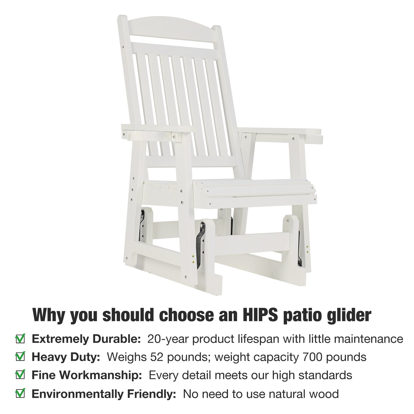 Fortune Candy 1-Person Poly Lumber Patio Glider, with Cup Holders, High Backrest and Deep Contoured Seat, HIPS Material (White)