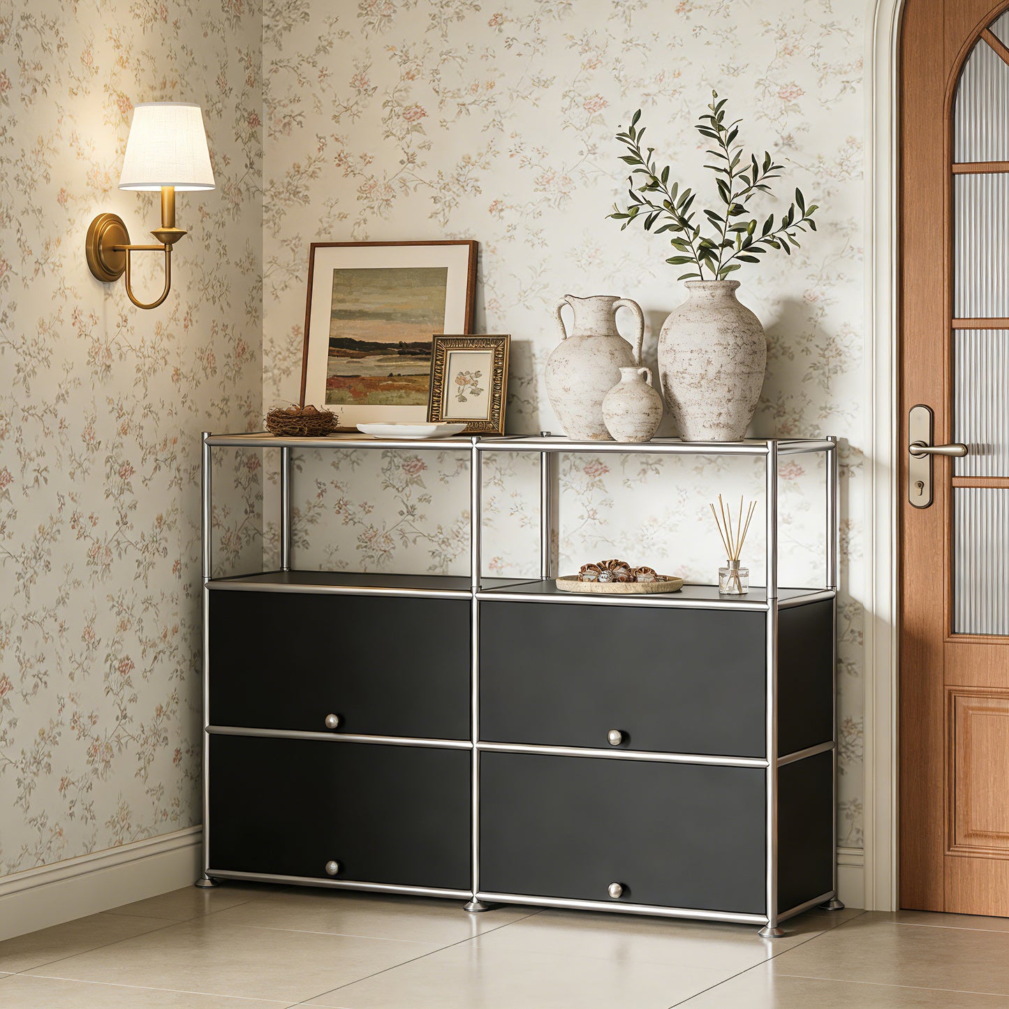 Fortune Candy 4-Door Modular Metal Sideboard with Open Shelf, Modern Twin-Row Grid Cabinet for Dining or Living Room, Office, Black