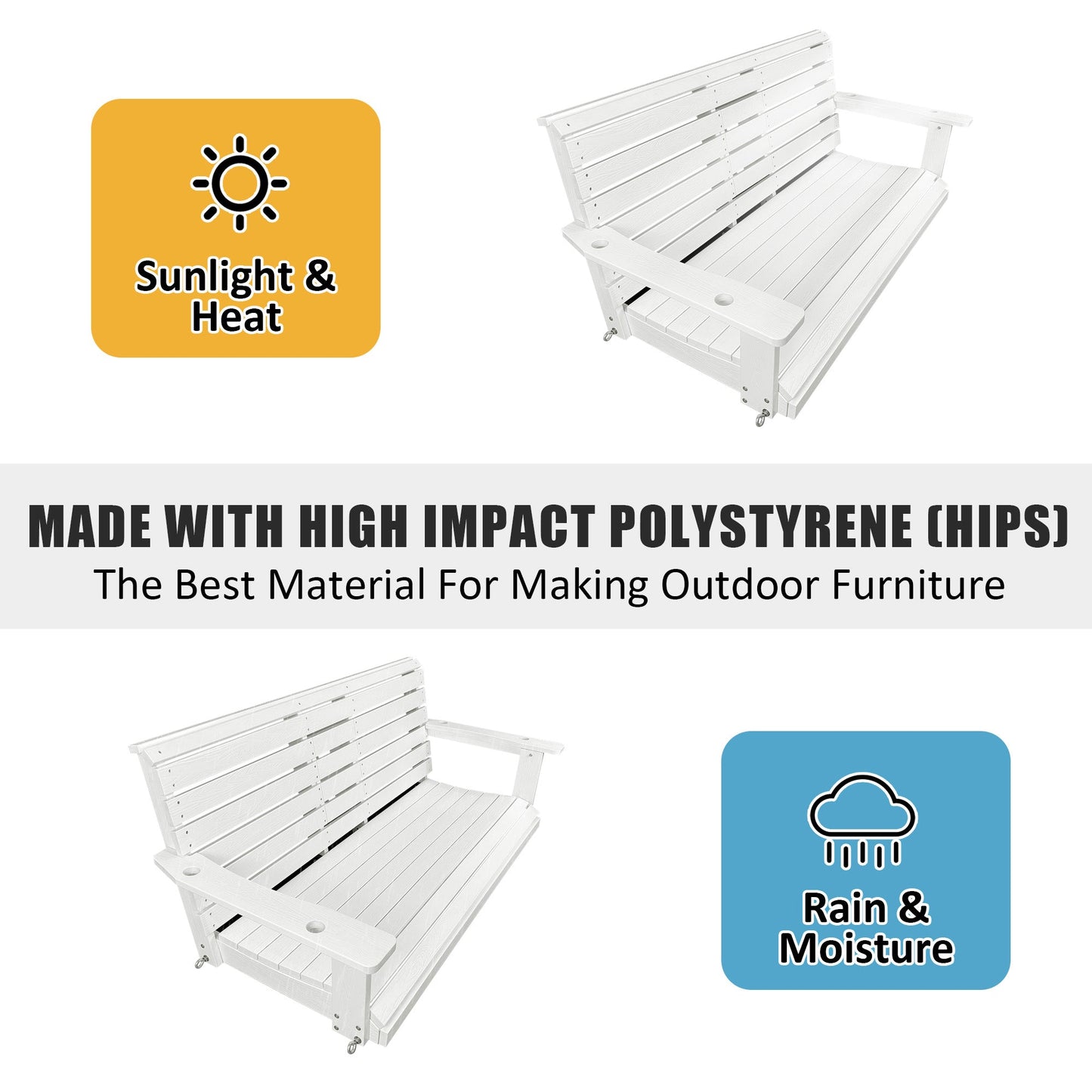 Poly Lumber 3-Seat Porch Swing, HIPS 5-Feet Bench Swing with Foldable Cup Holders,18/8 Stainless Steel Hardware, High Backrest and Deep Contoured Seat, Snow White