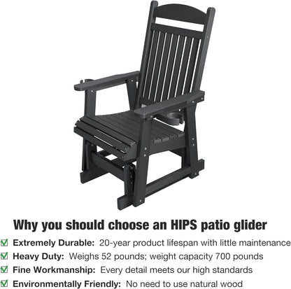 Poly Lumber Patio Glider for One Person, with Cup Holders, High Backrest and Deep Contoured Seat, HIPS Material, All-Weather Resistant, Heavy Duty 700 LBS (Matte Black)