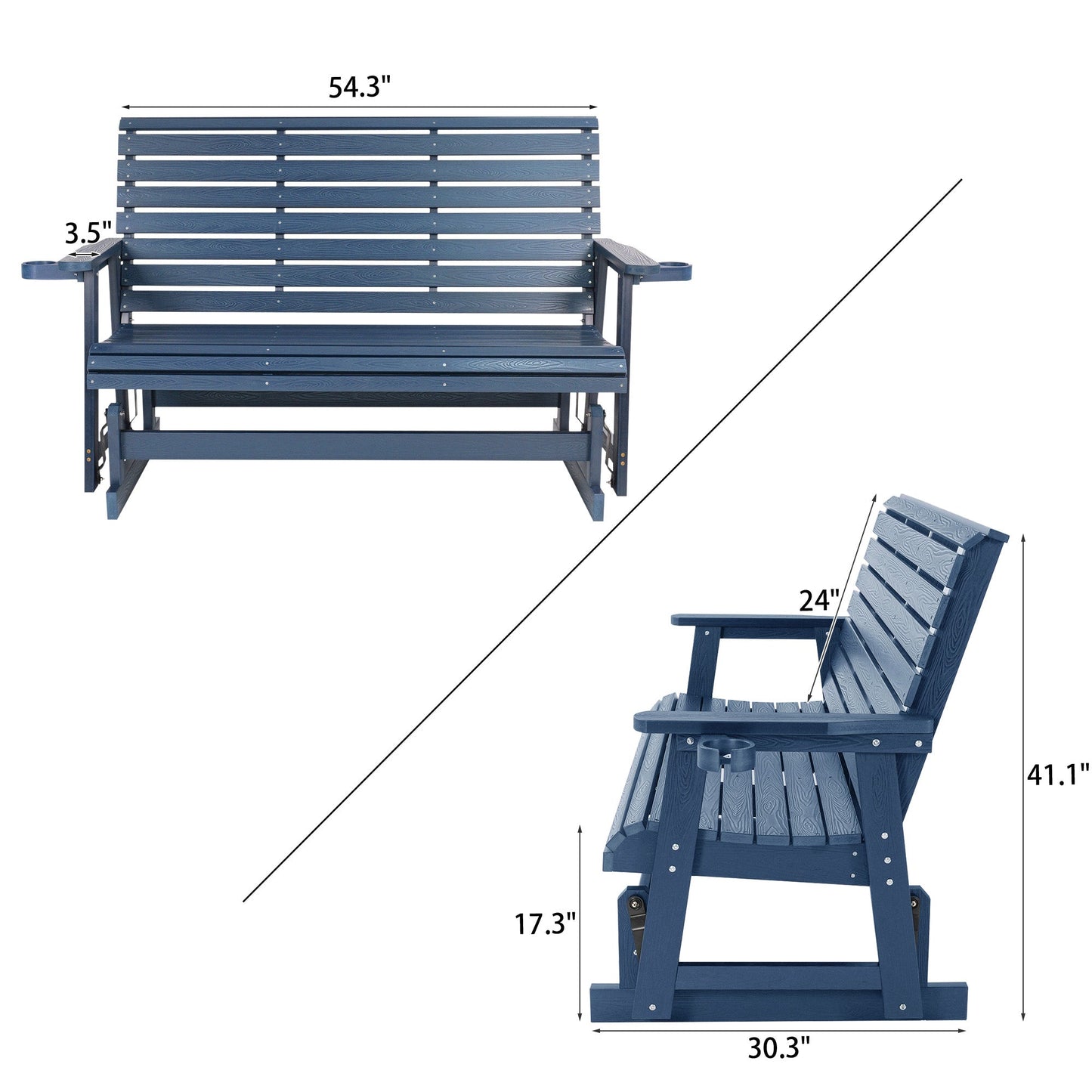HIPS Patio Glider with Cup Holders, Durable Poly Lumber Material, All-Weather Resistant, High Backrest and Deep Contoured Seat, Ladder Back, Heavy Duty 900 LB, for Outdoor, Patio (Navy Blue, 3-Seat)