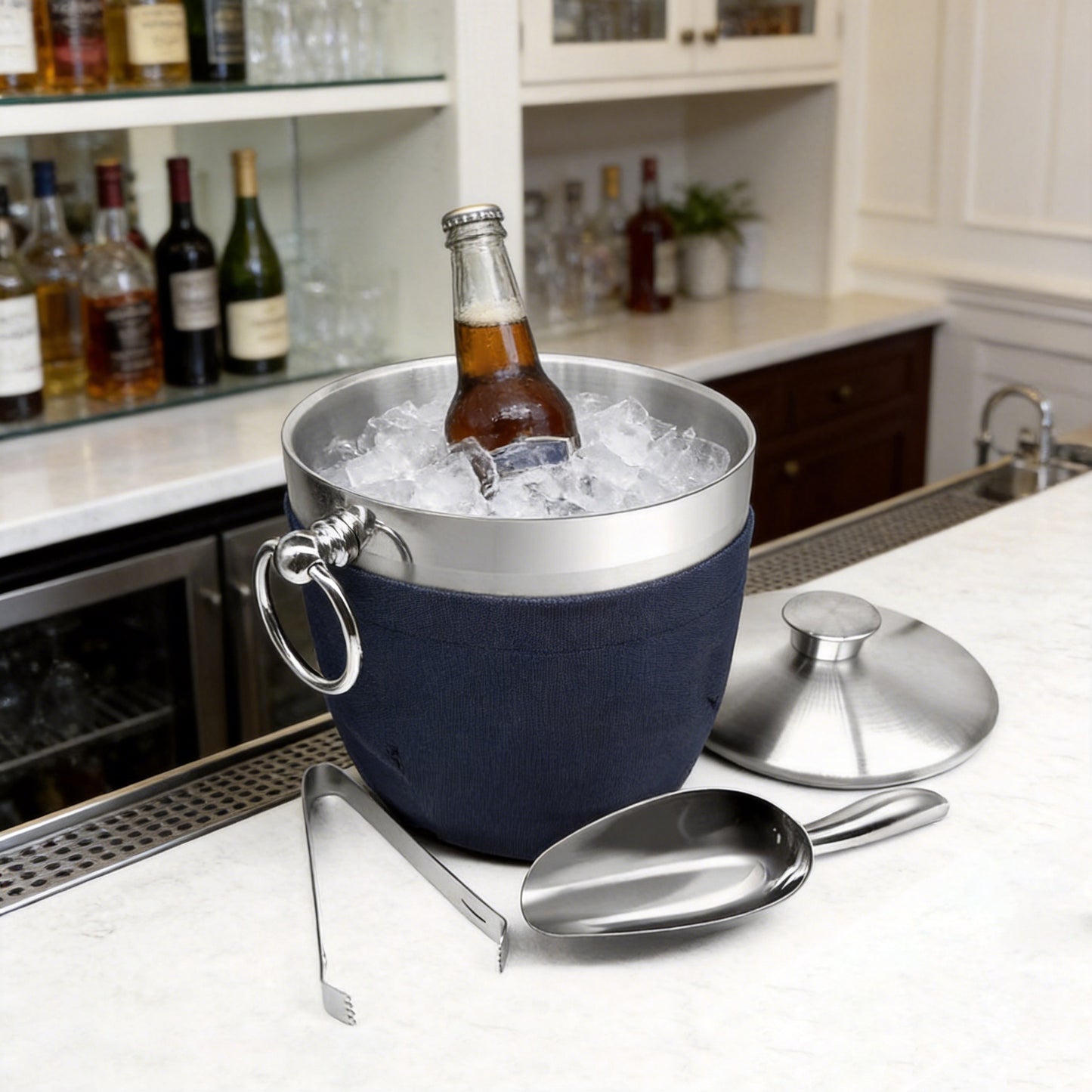 Fortune Candy 2.8 L Double Wall Stainless Steel Ice Bucket, with Tongs, Scoop and Holder, Navy Blue