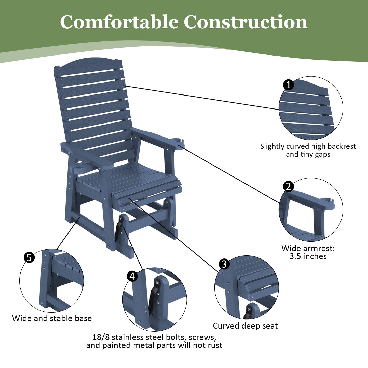 Poly Lumber Patio Glider for One Person, with Cup Holders, High Backrest and Deep Contoured Seat, HIPS Material, All-Weather Resistant, Heavy Duty 700 Pounds (Navy Blue)
